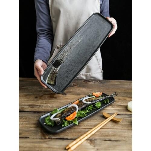 Japanese retro distressed hand-painted ceramic sushi plate sashimi plate long plate household dish plate dinner plate