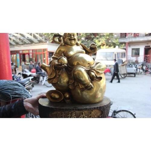 Chinese Folk Copper Bronze Gild Lucky Wealth Maitreya Rohan Monk Buddha Statue