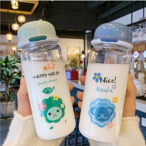 Korean Cartoon Animal Glass Water Bottle With Portable Simple Cute Milk Cups With cover Breakfast Bottle