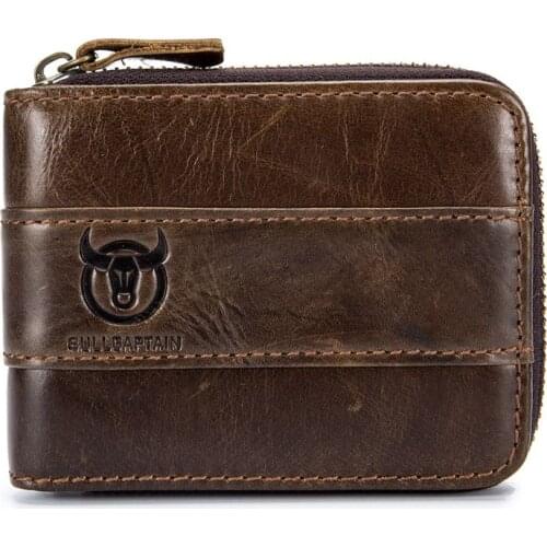 BULLCAPTAIN Genuine Leather Men Wallet RFID Blocking Vintage Bifold Wallets Credit Cards Holder Brown