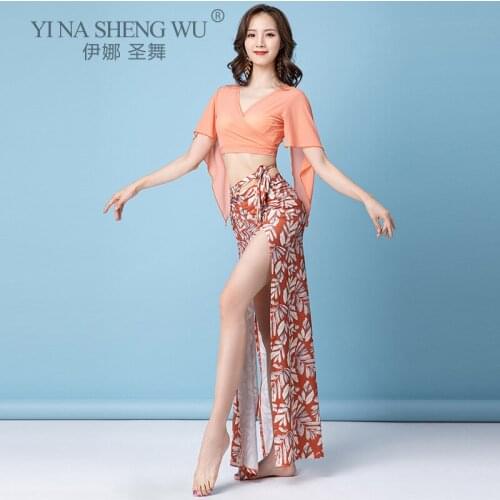 Aldult Women Belly Dance Costume 2 Piece Printing Long Skirt Dancer Sexy Practice Clothes Wear Team Dance Oriental Dance Clothes