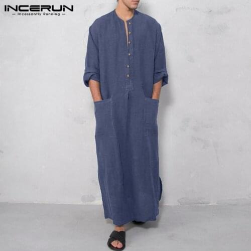 INCERUN Men Muslim Jubba Thobe Long Sleeve Thin Denim Button Pockets Robes Islamic Arabic Kaftan Abaya Vintage Loose Men Clothes