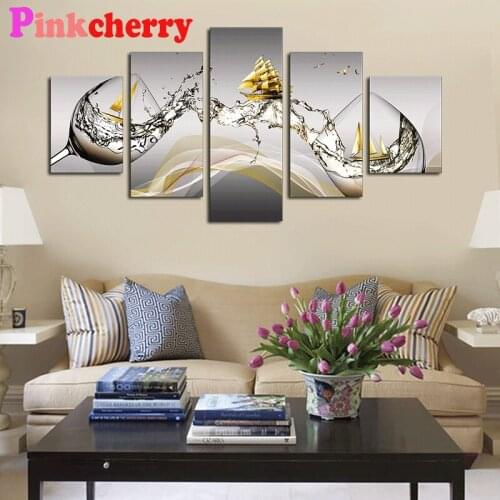 5 piece Wine Glass Golden Ship Diamond Painting Full square Drill diamond mosaic Cross Stitch picture Of Rhinestones Embroidery