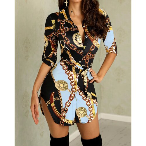 New Women Fashion Shirt Dress White Chains Print Belted Casual Shirt Dress Office Wear Formal Clothings