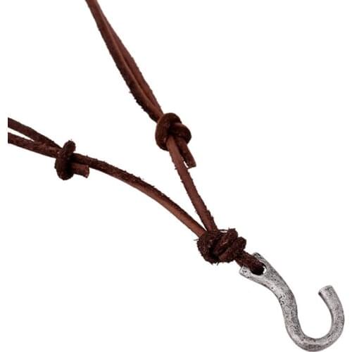 Punk Rock Men Pendant Necklace Alloy Hook Charms Statement Adjustable Genuine Leather Beach Chain Causal Vintage Fashion Jewelry