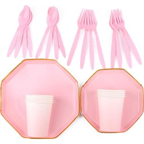 40Pc/Set Eight Sides Pure Pink Theme Disposable Tableware Birthday Decoration Baby Shower Spoons Forks Tablecloth Party Supplies