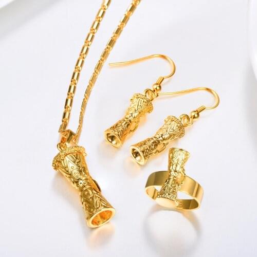 Kundu Necklace Earrings Ring 3 Pcs Set for Women Gold Color PNG Papua New Guinea Jewelry Gift PER2403