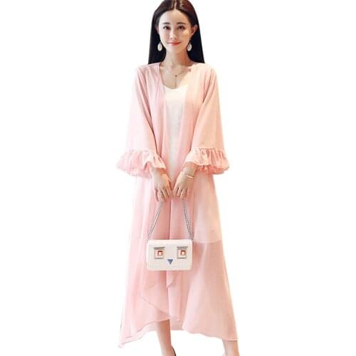 Sun Protection Clothing Women Spring Summer Long Cardigan Solid Trumpet Sleeve Thin Outwear Loose Chiffon Coat Female Plus size