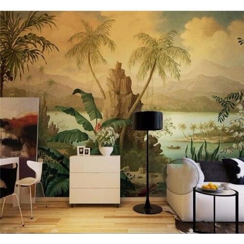 Southeast Asian tropical rain forest individual bedroom background wall paper American living room entrance large fresco green