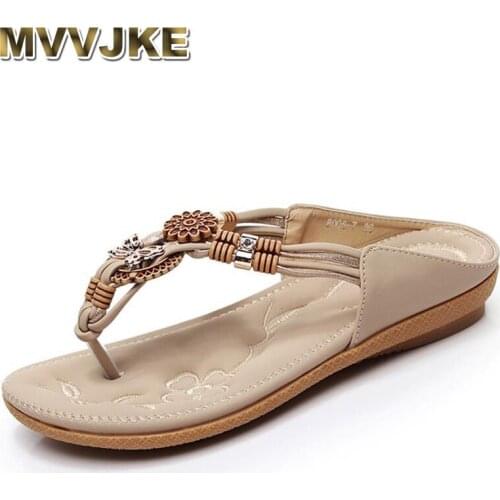 MVVJKE Summer Women Ethnic Bohemia Flat Sandals Shoes Woman Bead Flip Flop Beach Sandals Plus Size 36-41 Casual Shoes