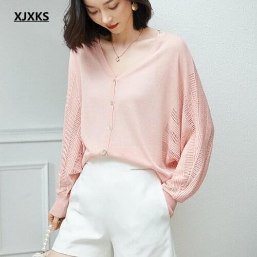 XJXKS Fashion bat sleeve women thin cardigan 2021 spring summer new single-breasted V-neck sweater women jacket