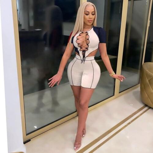 2021 Best Quality Famous Brand 2 pcs Women Set Patchwork Bandage O-neck Short Tops and Shorts Summer Sexy Outfits