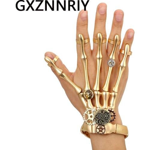 Fashion Gold Punk Bracelets Bangles for Women Halloween Accessories Skull Skeleton Hand Ring Elastic Steampunk Men Jewelry Gift