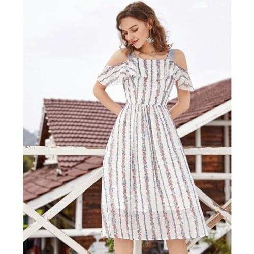ARTKA 2019 Summer New Women Dress Slim Waist Big Swing Off the Shoulder Bow Design Romantic Female Striped Dress LA11689X
