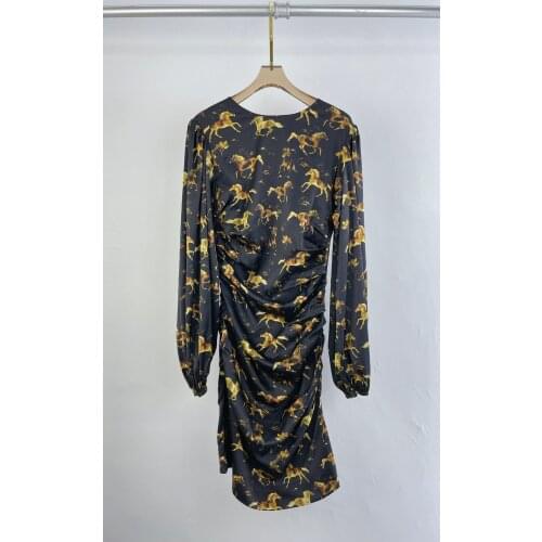 Fashion 2021 new ladies long sleeve round neck pleated print dress 0311