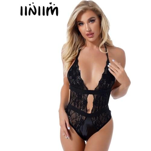Womens See-through Lace Leotard Catsuit Clubwear Deep-V Lace-up High Cut Sexy Bodysuit Patent Leather Plunging Halter Nightwear