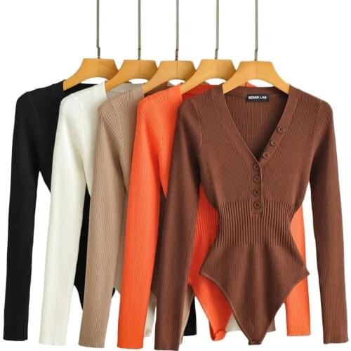Autumn Winter Women Long Sleeve V Neck Buttons Knitted Skinny Black Khaki Brown Orange-red Beige Bodysuit Top