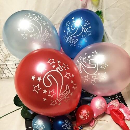 10pcs 4 Colors Kids Happy Birthday Printed 2 Latex Balloons for Baby Shower 2 Years Old Birthday Party Decorations