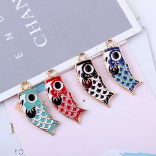10pcs 15*35mm Diy enamel carp flag fish charms Japan style metal KC gold alloy small bracelet pendant Korean jewelry accessories