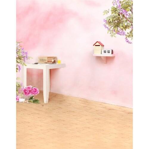 5x7ft Wooden Floor Pink Wall Purple Flowers Photography Backdrops Photo Props Studio Background