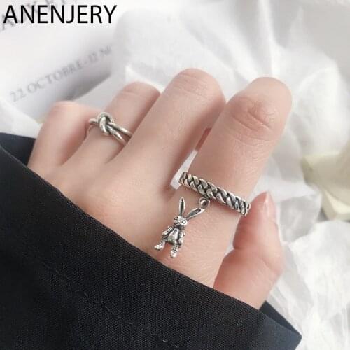 ANENJERY 925 Sterling Silver Fashion Retro Rabbit Tassel Thai Silver Ring Cute Animal Ring For Women Jewelry Gifts S-R738