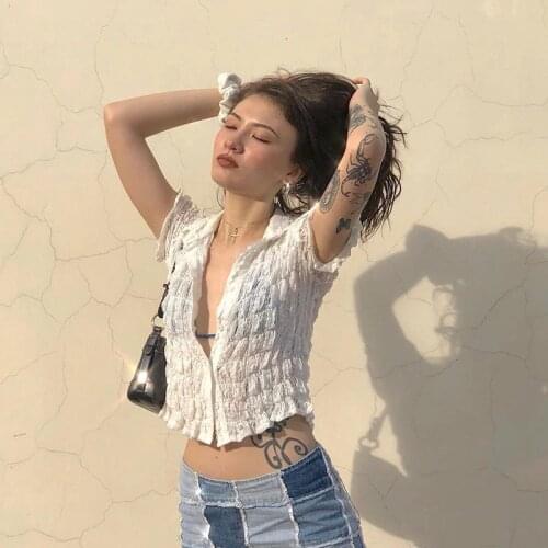 MONMOIRA Solid Single-breasted Lace Blouses Women Retro Sexy Hollow Out Shirts Ladies Summer Fold Lace Tee Shirts cwt0487-5