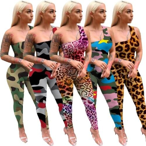 Coloful Leopard Digital Print One Shoulder Women Sexy One Piece Bodysuits