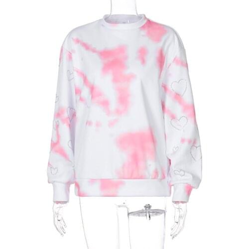 Dulzura Tie Dye Rhinestone Heart-Shaped Women Long Sleeve Sweatshirt Pullover Loose Streetwear Casual 2020 Autumn Winter Club