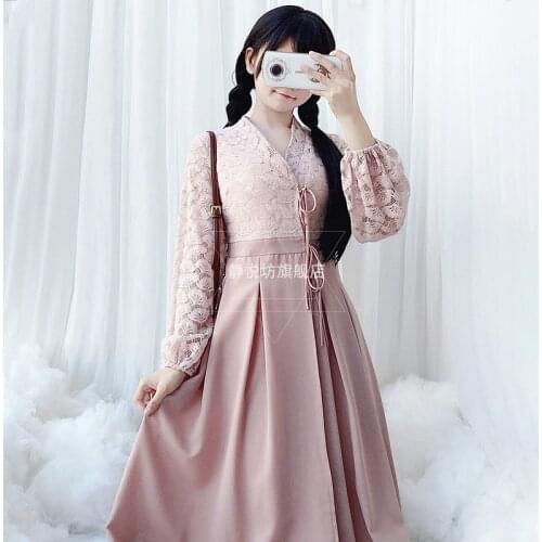 Han element vintage sweet lolita dress improvement of hanfu lace stitching long victorian dress kawaii girl gothic lolita op cos