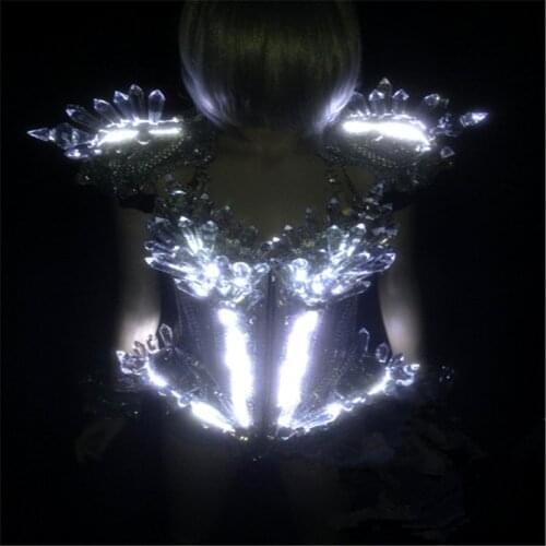 HS001 Silver ballroom dance led costumes luminous light women robot suit dj wears bodysuit bar performance outfit dresses clothe