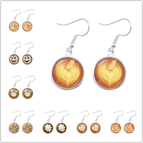 Coffee Latte Glass Cabochon Drop Earrings Chocolate Printing Love Heart Carving Flower Clover Cat Snow Charm Jewelry For Women