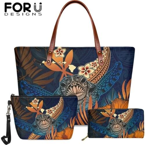 FORUDESIGNS 2021 Hot Women Handbag And Pu Wallets Set Kanaka Maoli Polynesian Turtle Hibiscus Design Luxury Ladies Shoulder Sac