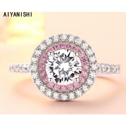 AIYANISHI Fashion 925 Sterling Silver Wedding Ring Pink Halo Round Finger Rings for Women Silver Engagement Bridal Rings Jewelry