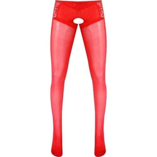 Lingerie Crotchless Pantyhose Gay Mens Sheer Stockings Stretchy Long Pants Sissy Nightwear See Through Lace Patchwork Leggings