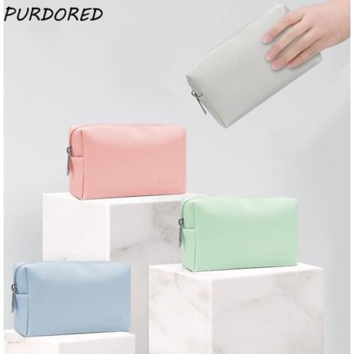 PURDORED 1 Pc PU leather women solid color makeup bag zipper waterproof travel cosmetic bag Portable Wash Make Up Organizer