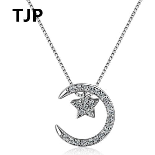TJP Cute Moon Star Style Women Wedding Engagement Crystal Pendants Necklace Jewelry Pure 925 Sterling Silver Female Choker Hot