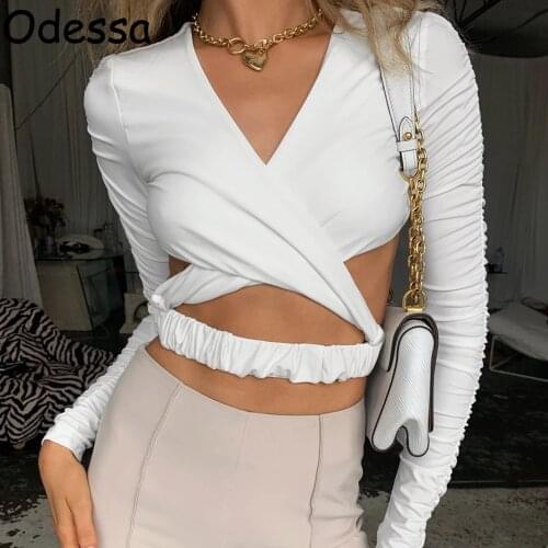 Odessa Long Sleeve Sexy Basic Crop Top White Tees Women Hollow V Neck Backless Ruched Skinny Autumn Female Wrap Cut Out T-Shirt