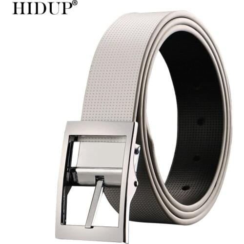 HIDUP High Good Quality Design Pin Buckle Metal Belts Men Double-side White & Black Genuine Leather Belt 3.3cm Width NWJ1074