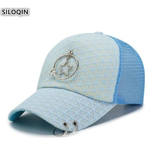 SILOQIN Adjustable Size Womens Mesh Breathable Baseball Caps Ponytail Cap New Hoop Ring Decoration Hip Hop Hat Snapback Cap