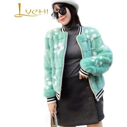 LVCHI Women Winter Real Fur Coats 2019 Print Flower Mink Coat Female Thick Slim Causal Natural Fur Causal Slim Women Mink Coat