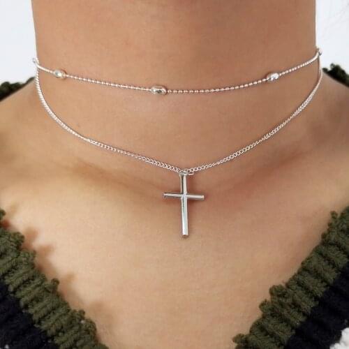2020 NEW Multi Layer Silver color Cross Simple Pendant Necklaces For Women girl choker Necklace Female Boho collier femme collar