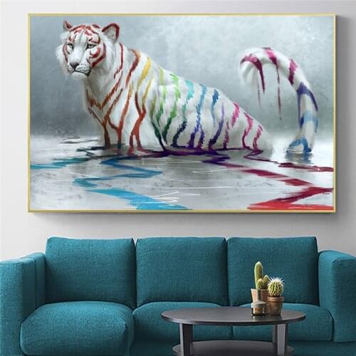 Abstract White Tiger With Colourful Stripes Nodic Home Decor Oil Painting On Canvas Posters And Prints Wall Art Animal Picture