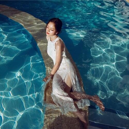 Freeship embroidery halter sexy long split hollow backside romantic seashore long sheath dress