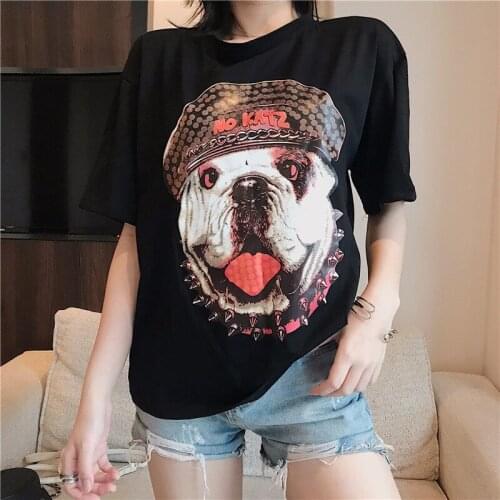 Zuolunouba Summer Fashion Personality Wild Women T Shirt Print Harajuku Dog Guard Avatar Loose O-neck Short Sleeve Tops Women