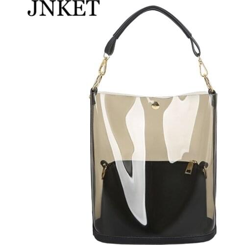 JNKET New Women Fashion PU Leater Bucket Bag Jelly Handbags Lady Large Capacity Transparent Shoulder Bag Crossbody Bag