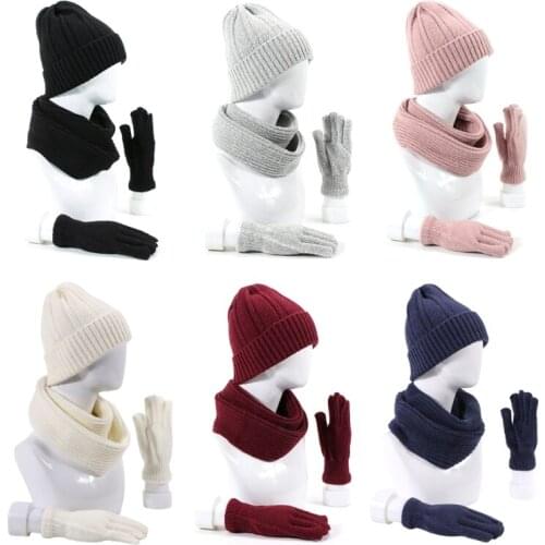 3pcs Men Women Knitted Beanie Hat Scarf Gloves Set Unisex Thick Winter Warm Cap Neck Warmer Outdoor