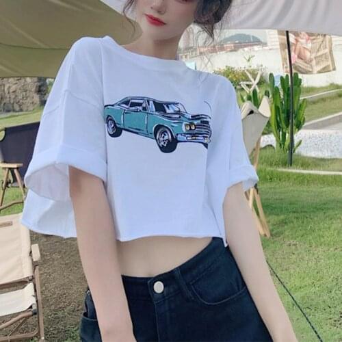HziriP 2021 Hot Summer New Korean Cartoon Fashion Navel T-Shirt Office Ladies O-Neck All-Match Short-Sleeved Tee Elegant