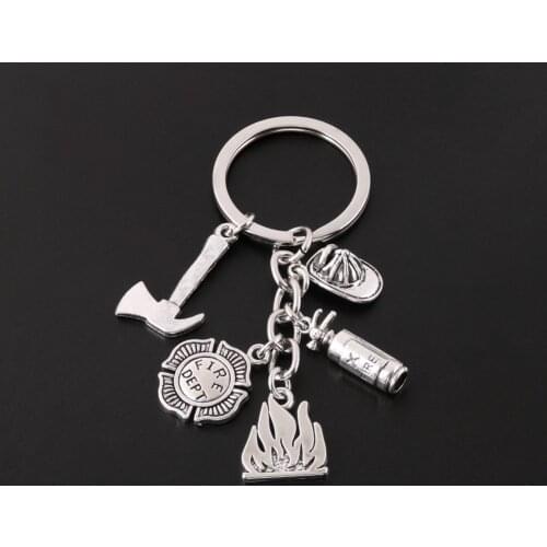 Metal Flame Firefighters Keychain Extinguisher Axe Helmet Badge Extinguishing Hero Commemorative Gift