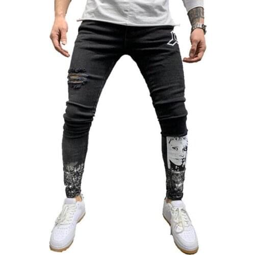 Men Black Ripped Jeans Fashion Stretch Print Slim Distressed Jeans Pantalones Hombre Casual Skinny Destroyed Denim Pencil Pants
