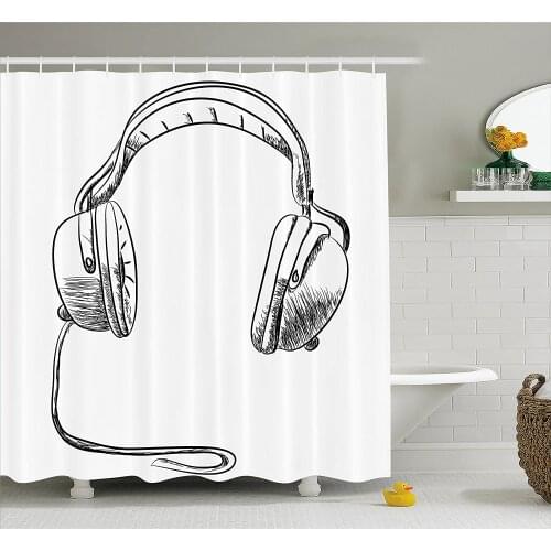 Music Shower Curtain Sketch Style Hand Drawn DJ Headphones Rhythm Radio Modern Hippie Art Illustration Bathroom Curtains
